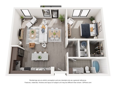 A 3D floor plan of a small apartment with a kitchen, living room, and bathroom.